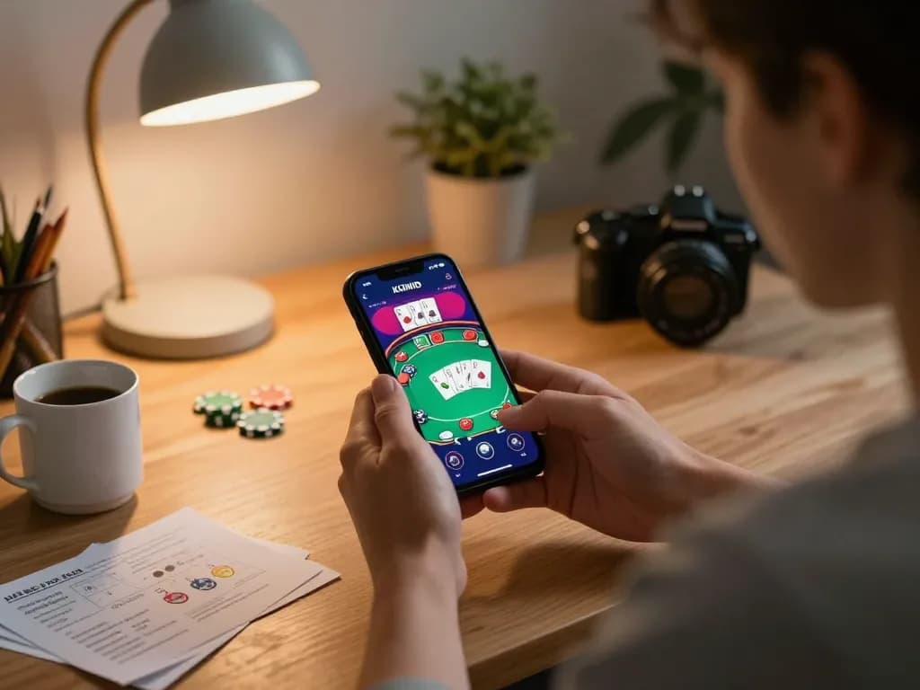 KOINID app user enjoying seamless mobile gambling experience with a vibrant poker game interface.