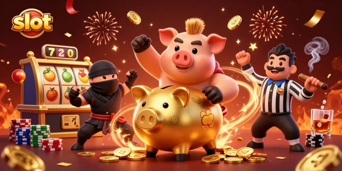 Spin slots with an enormous golden piggy bank sumo wrestler in an exciting casino scene.