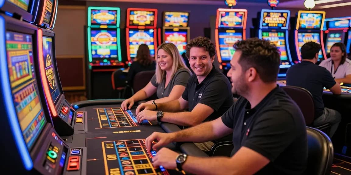 Excited players at credit card casinos enjoying vibrant gaming experiences with slot machines and live dealers.