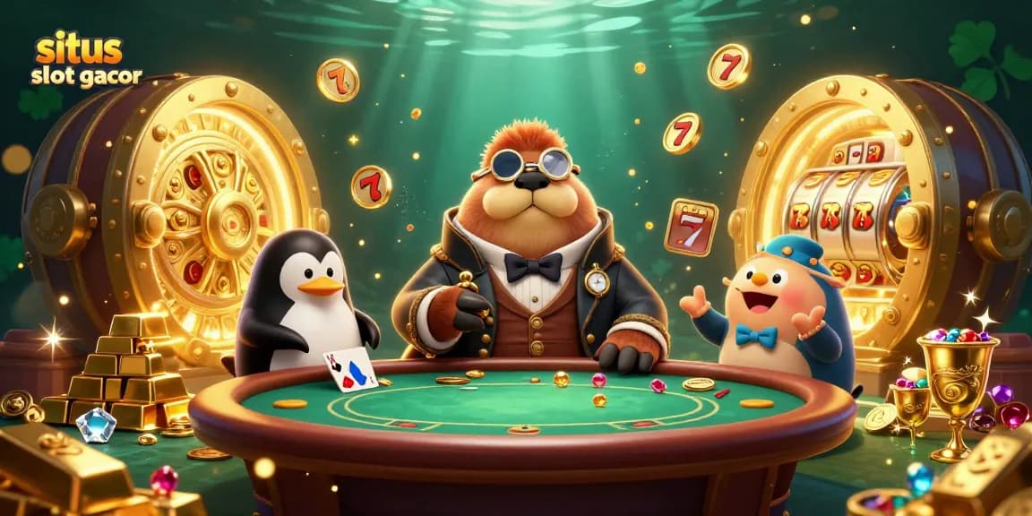 Join the fun at situs slot gacor with a dramatic underwater casino scene featuring a jolly walrus and friends.