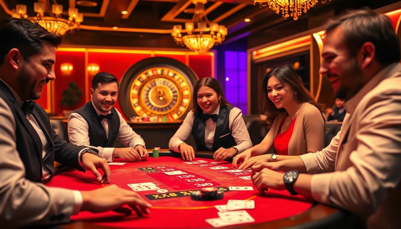 Experience the thrill of high-stakes poker at XX88 casino with vibrant chips and professional dealers.