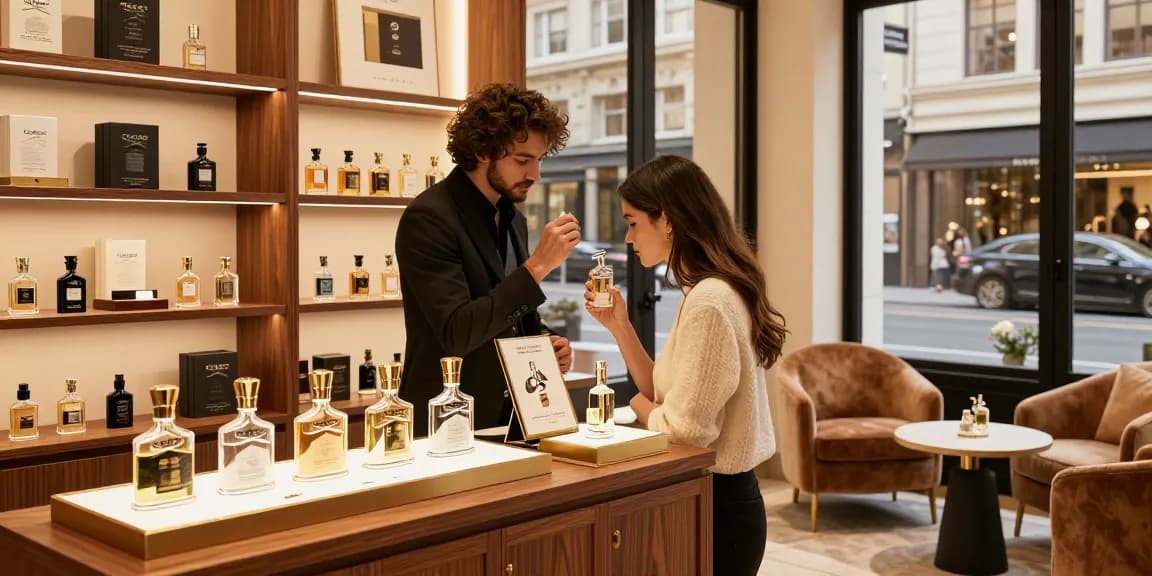 Elegant retail display showcasing Creed (Aventus only) among luxurious perfumes, inviting atmosphere.