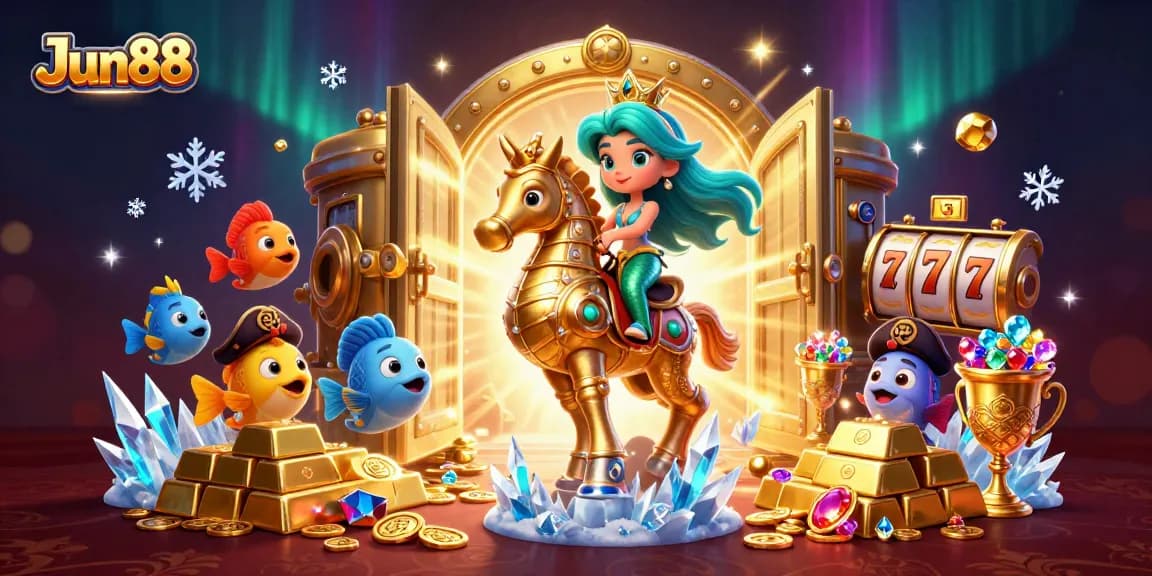 Experience thrilling slots at Jun88 with a mermaid princess and treasure elements in a vibrant 3D illustration.