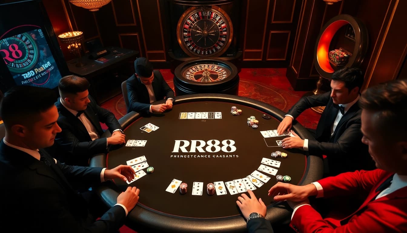 Engaged players at the RR88 poker table, immersed in a thrilling casino experience.