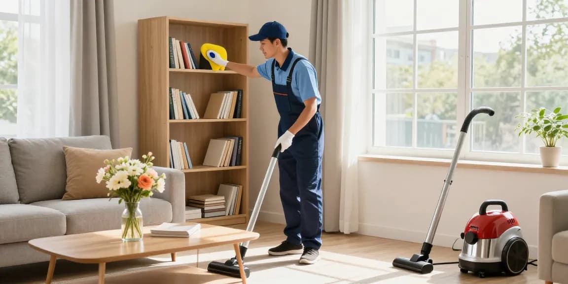 Professional cleaning service from https://atscleaning.co.uk/ refreshing a cozy living room with organized shelves and natural light.
