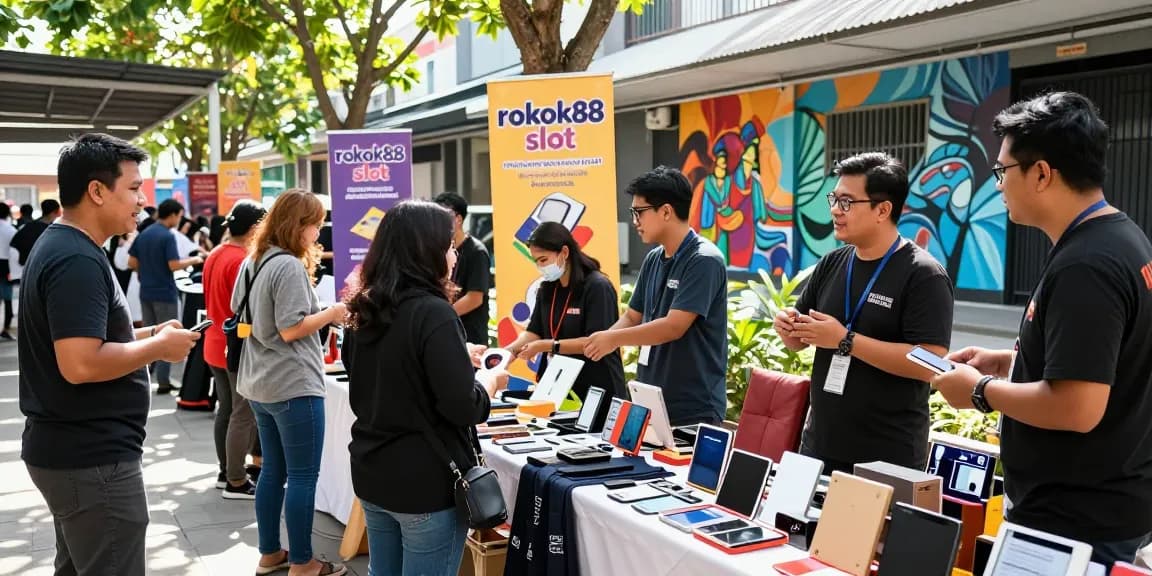Community marketplace scene featuring vibrant interactions around rokok88 slot promotions and second-hand goods.