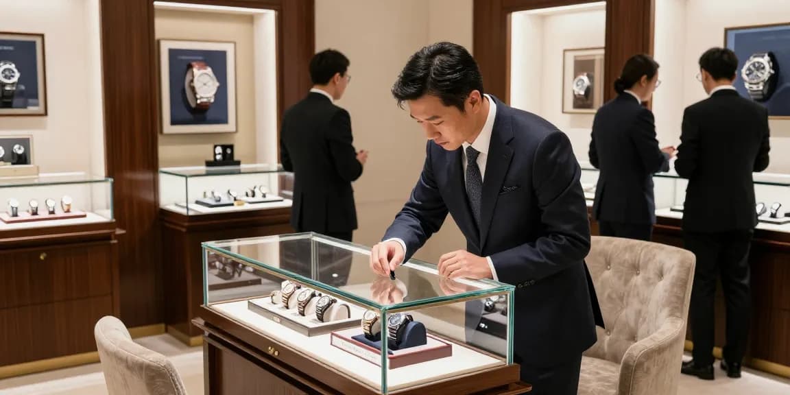 A customer inspecting a high-quality replica watch in a luxury watch boutique filled with elegance and sophistication.