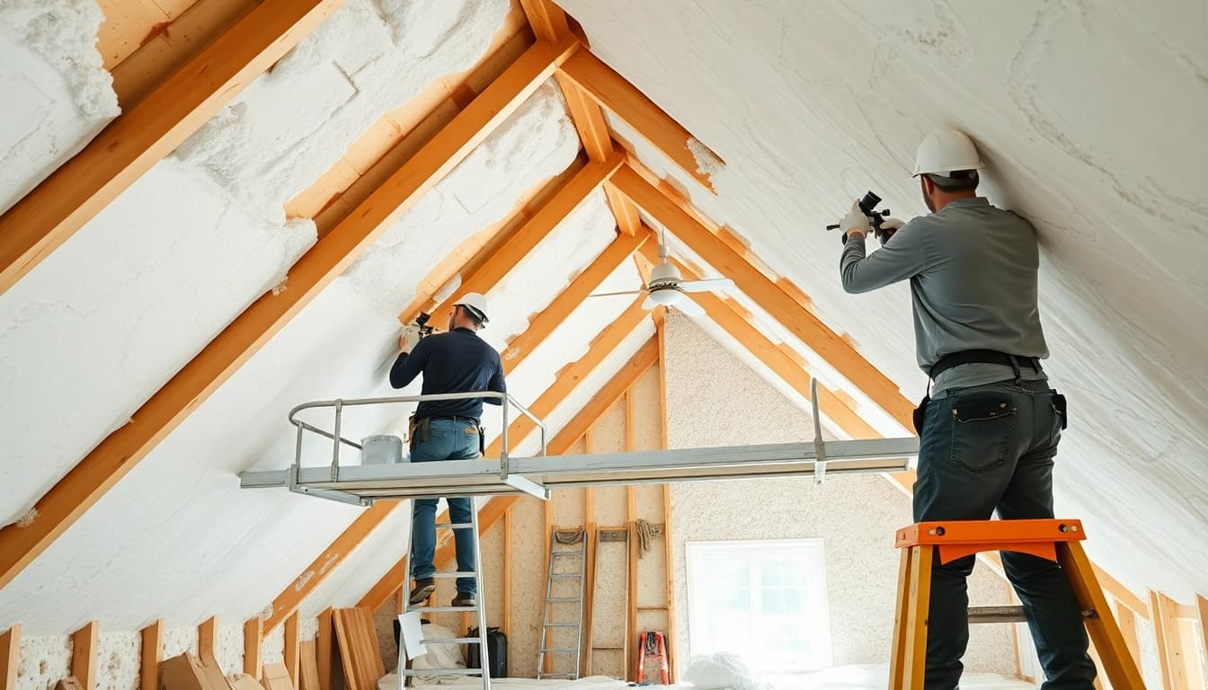 Addressing spray foam condensation issues while technicians work in an insulated attic space.