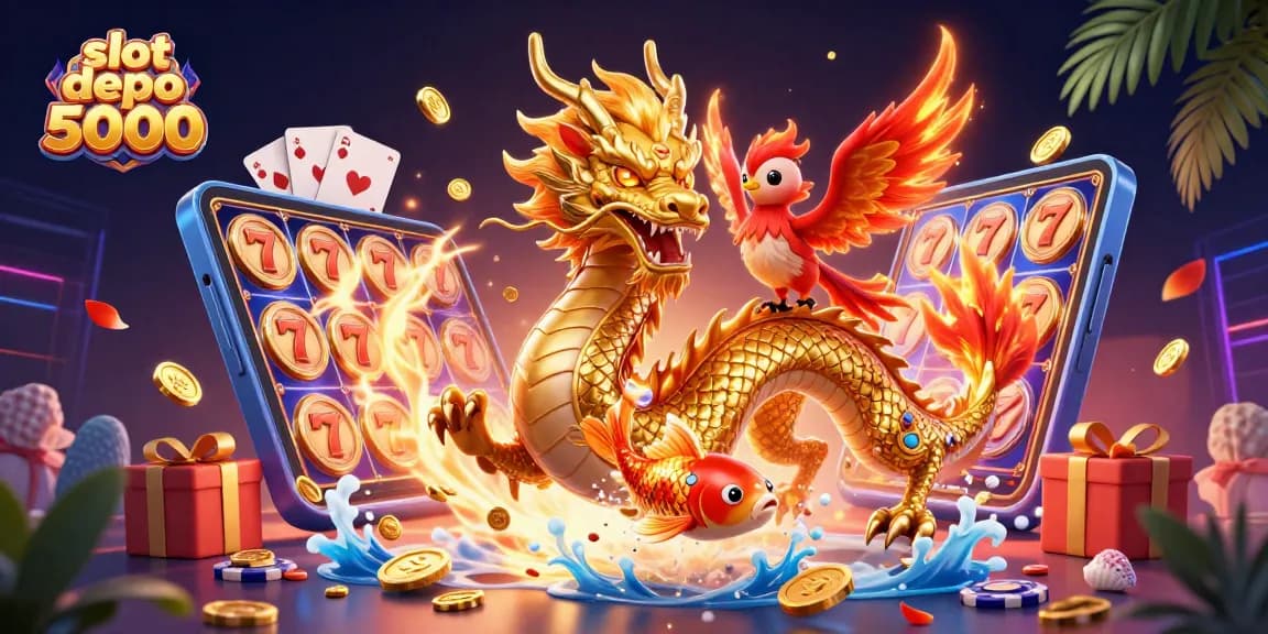 Pengalaman bermain slot depo 5000 dengan karakter naga emas, phoenix merah, dan ikan koi.