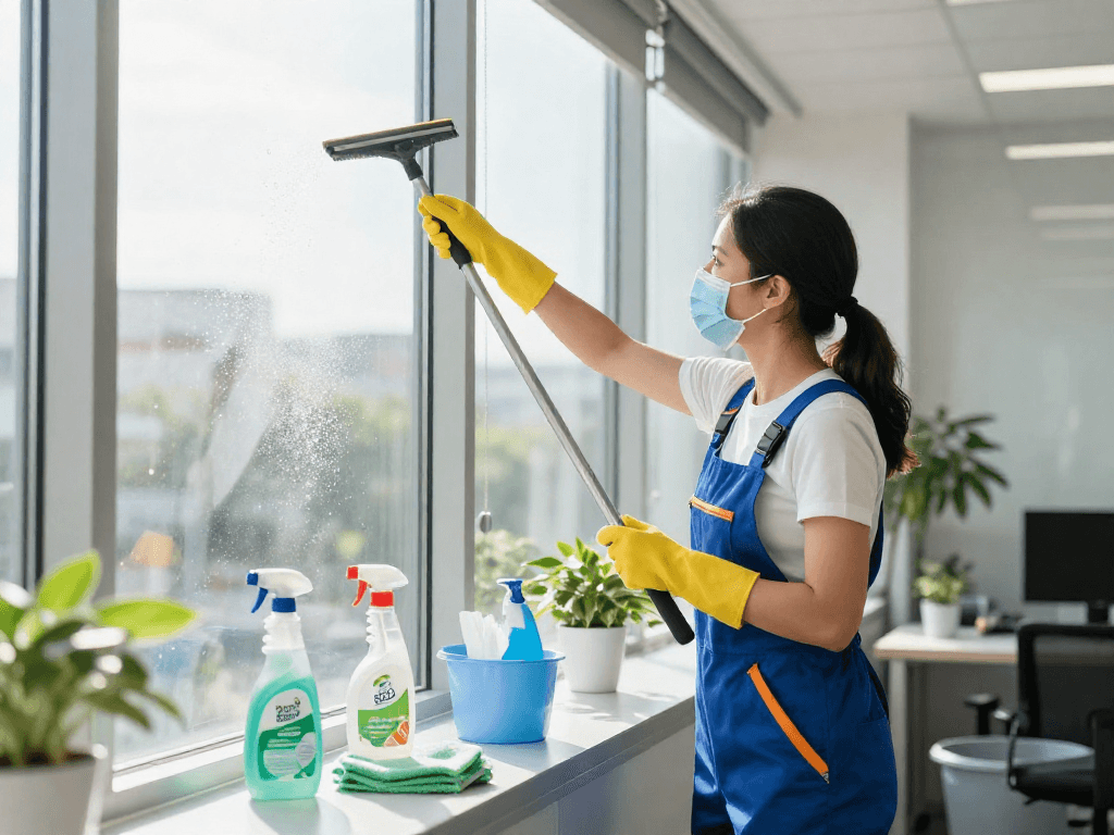 Professionelles Reinigungsunternehmen Dortmund bei der Fensterreinigung in einem modernen Büro.