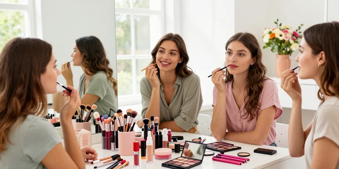 Women using a makeup pencil sharpener amid vibrant cosmetics while applying natural makeup in a bright studio.