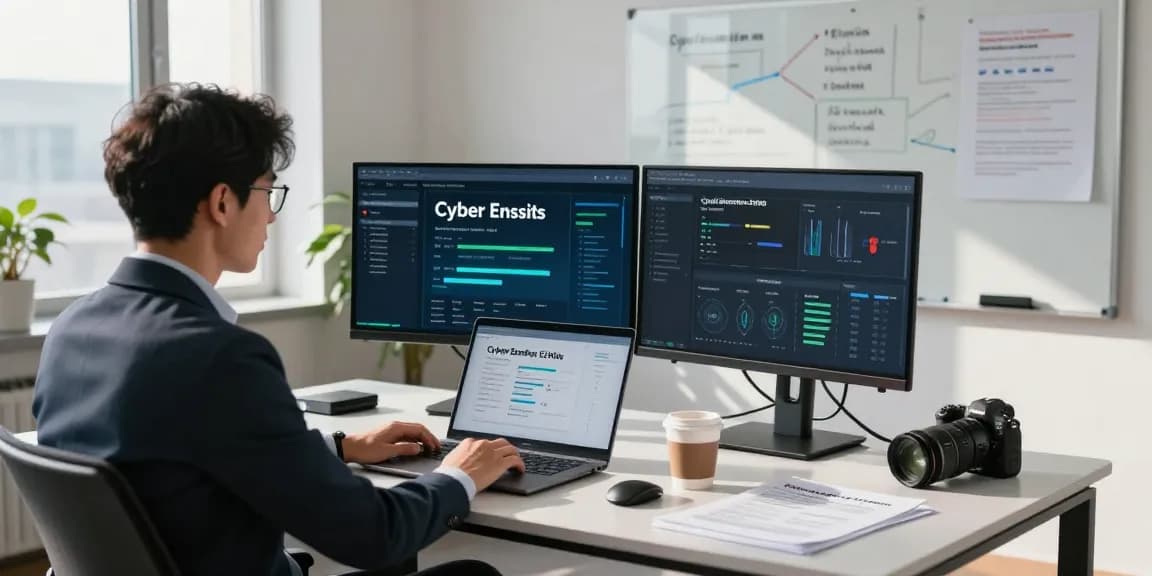 Cyber Essentials vs ISO 27001 analysis in a professional cybersecurity workspace showing certification metrics and strategic plans.