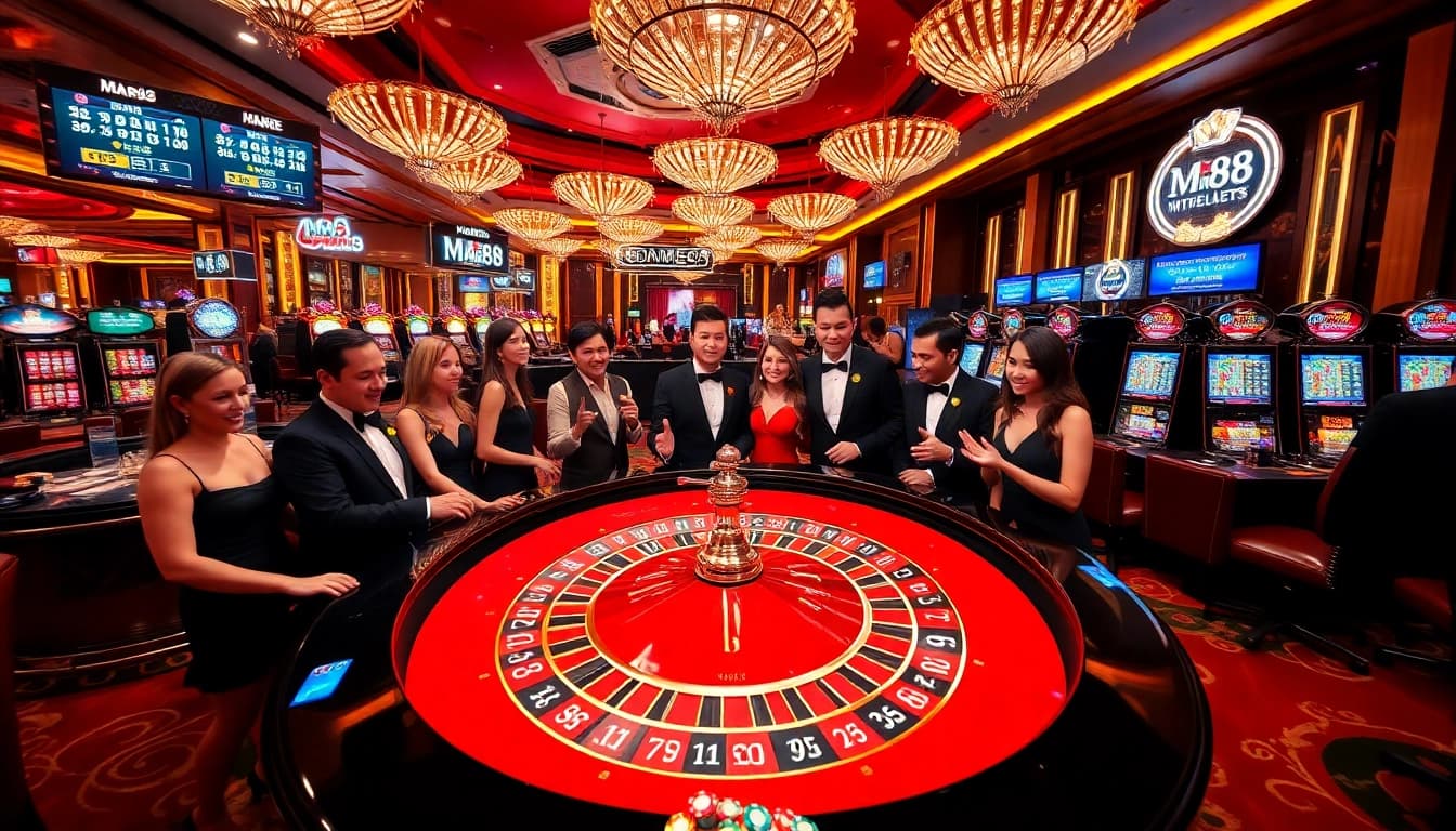 MM88 roulette table with enthusiastic players immersed in high-stakes gambling action.