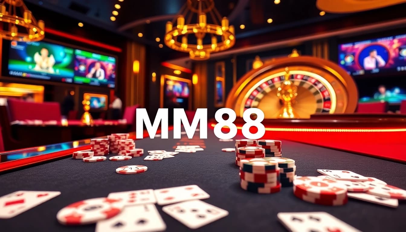 Engaging gamblers at a vibrant virtual casino scene featuring mm88 link with poker chips and cards.