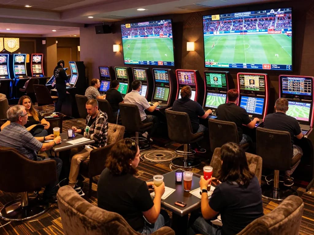 Enthusiastic bettors engaging with f168 sports betting lounge, reviewing odds on apps.