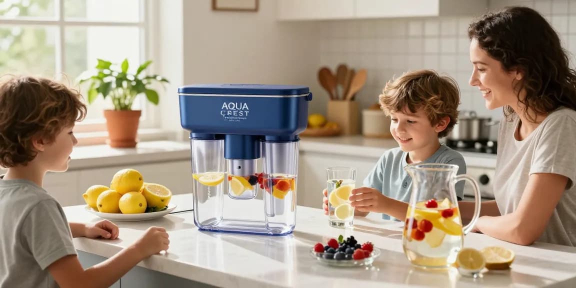 AQUA CREST Multiple-Stage Water Filters displayed in a sunny kitchen during family water preparation.