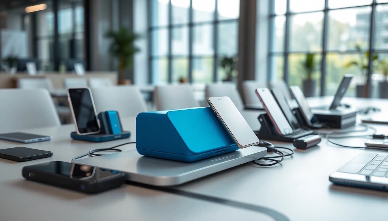 Phonelocker auf einem modernen Schreibtisch mit Smartphones und Ladegeräten präsentiert.