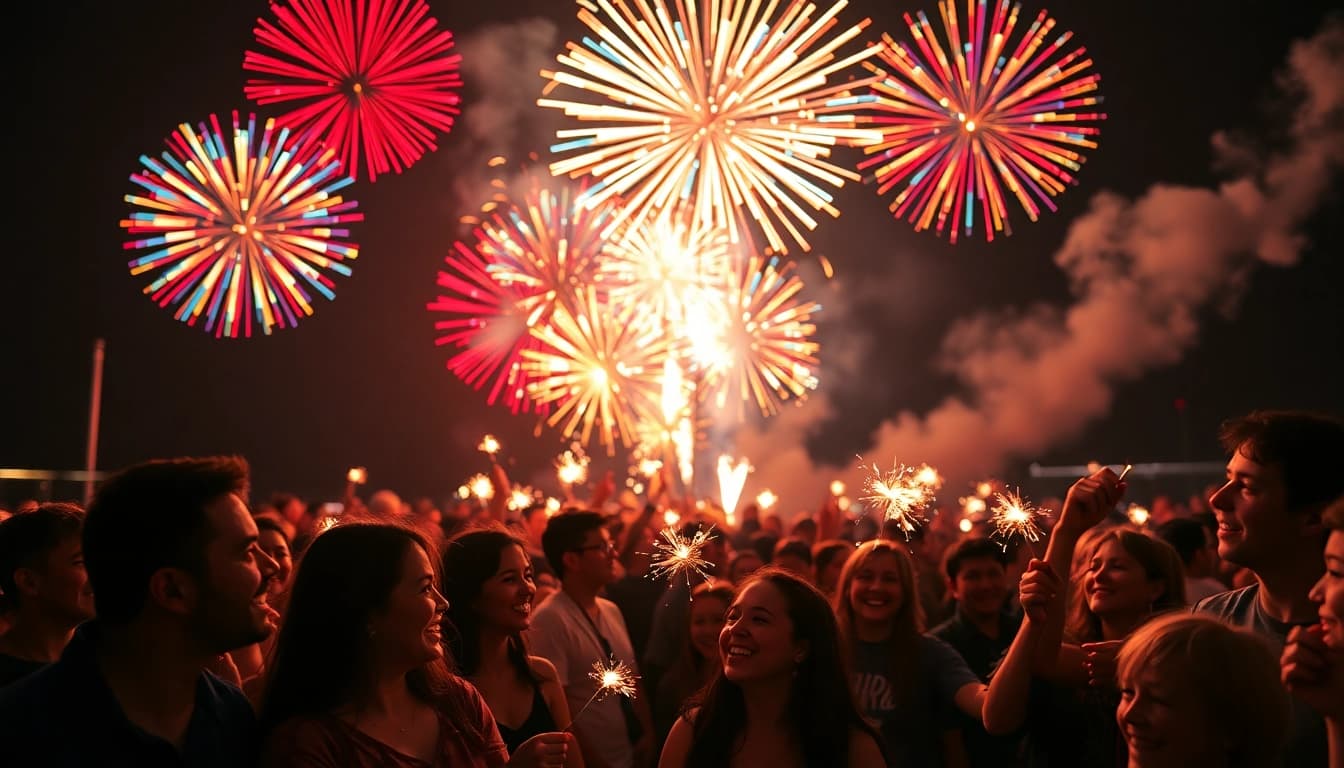Excited crowd enjoying fireworks for sale lighting up the night sky.