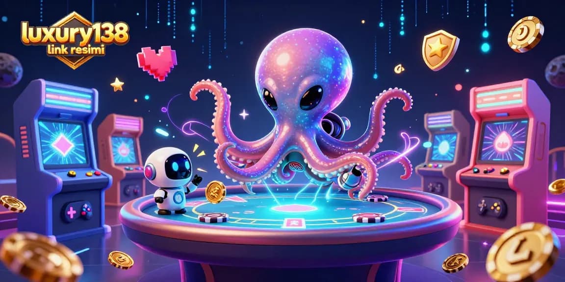 Engage with luxury138 link resmi in this vibrant 3D casino scene featuring a playful alien octopus at a poker table.