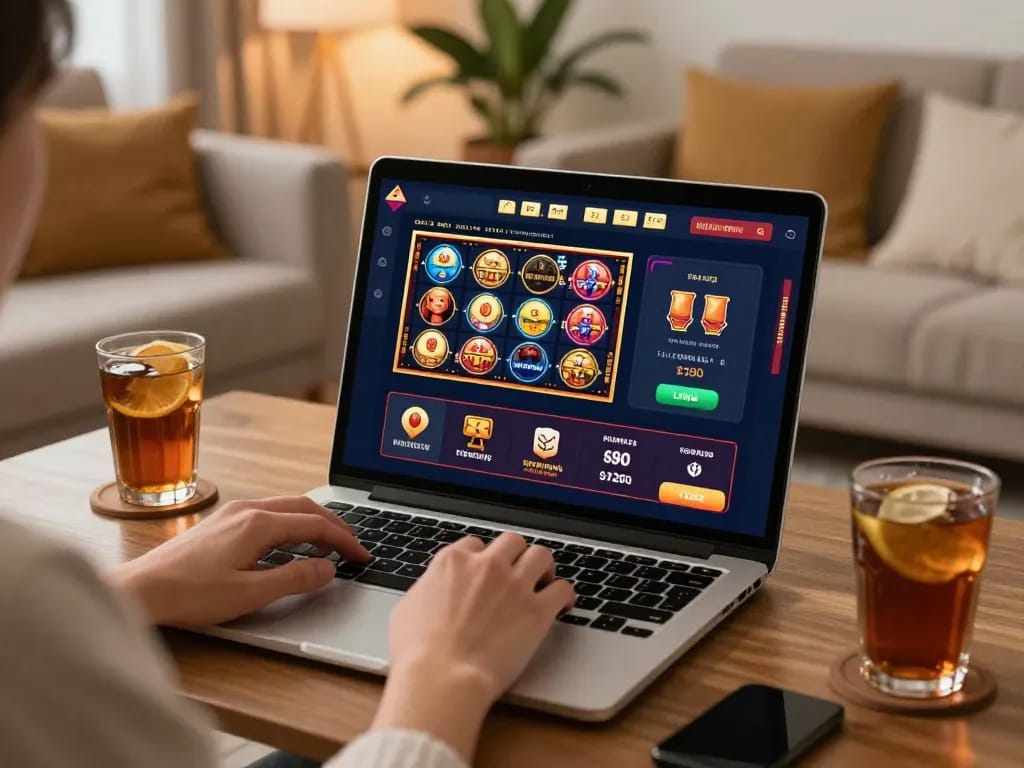 Migliori casino online stranieri shown on a player's laptop screen in a cozy home setting