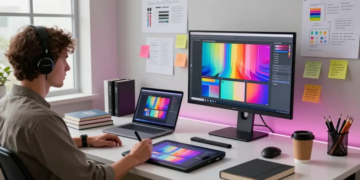 Creative digital workspace featuring AI prompt image generation software on a designer's desk.