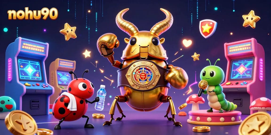 Nohu90 showcases a vibrant 3D cartoon casino scene with a boxing beetle champion, arcade elements, and dynamic gaming action.