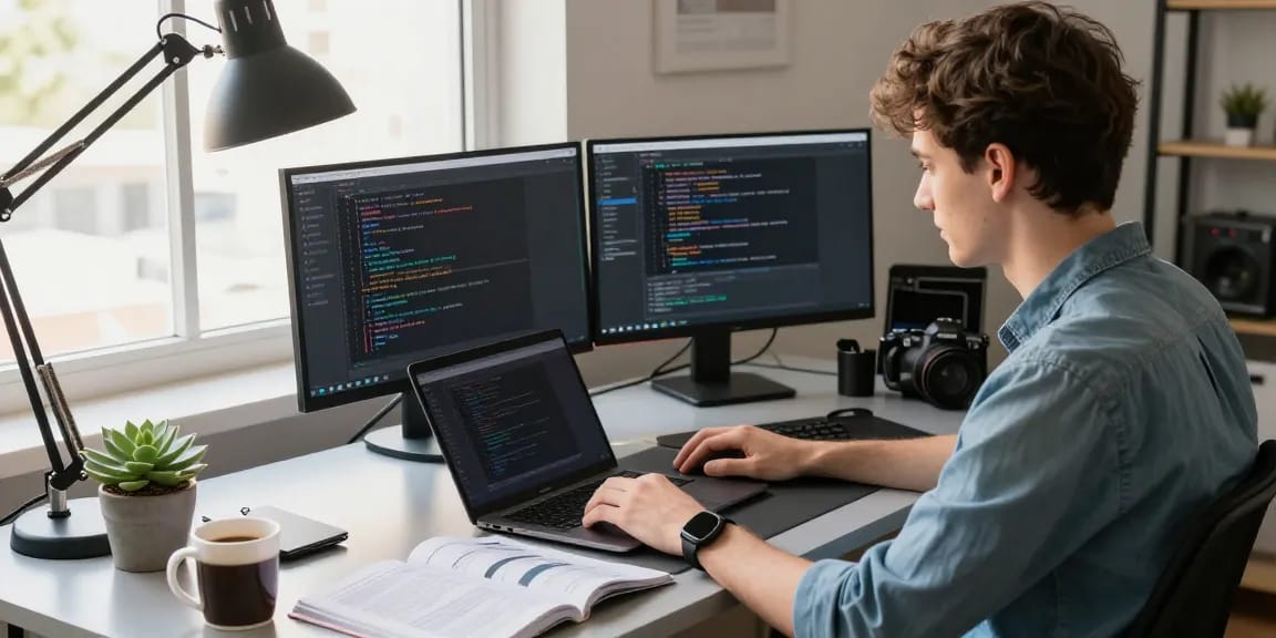 Young developer in a tech workspace coding with telegram中文 interface on screens