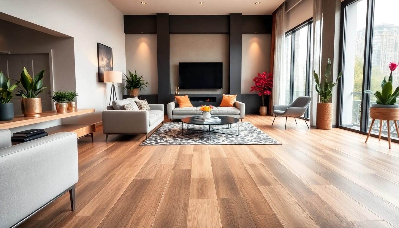 Highlighting beautiful chicago flooring in a modern living room with warm lighting.