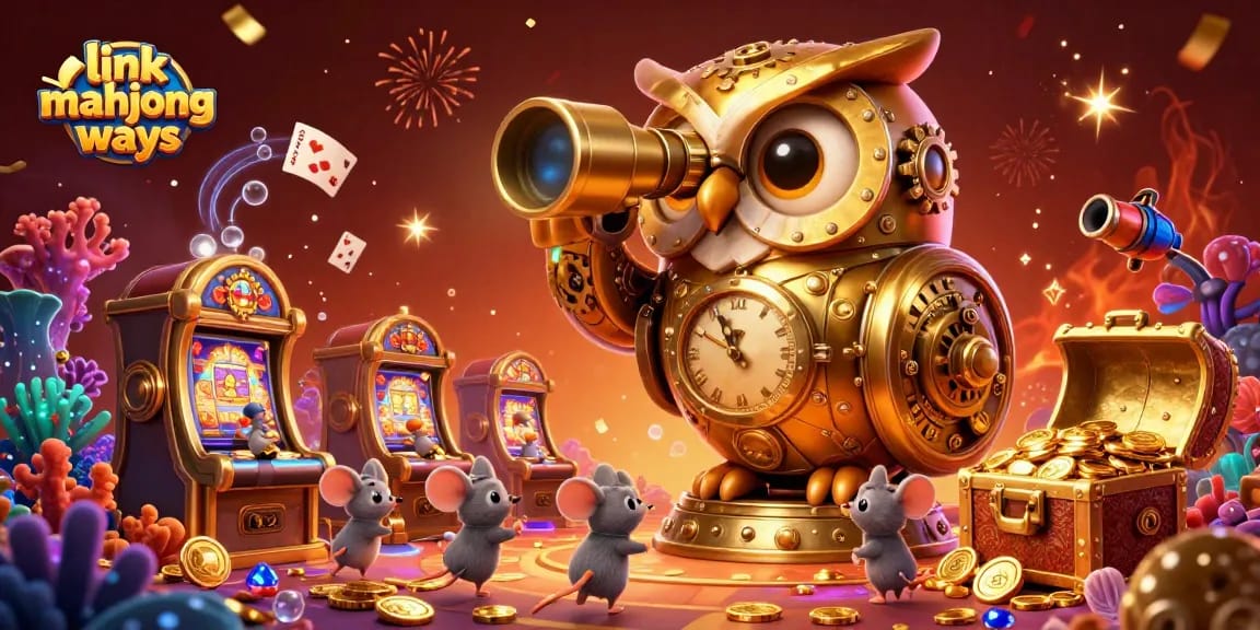 Join the fun with link mahjong ways, featuring a golden owl and vibrant casino elements.