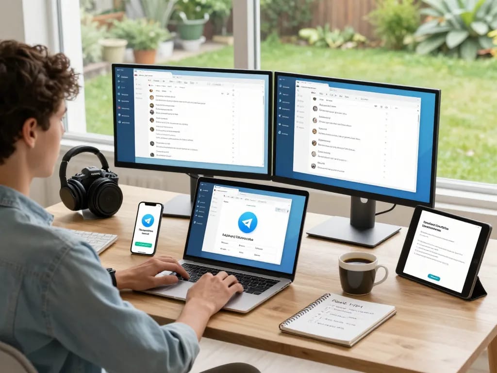 Experience seamless communication with Telegram 电脑版 in a modern home office setup featuring multiple devices and tools.