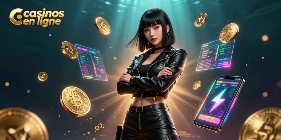 Scène captivante de casinos en ligne avec une femme asiatique saisissante et des pièces de Bitcoin flottantes, illustrant l'excitation du jeu en ligne.