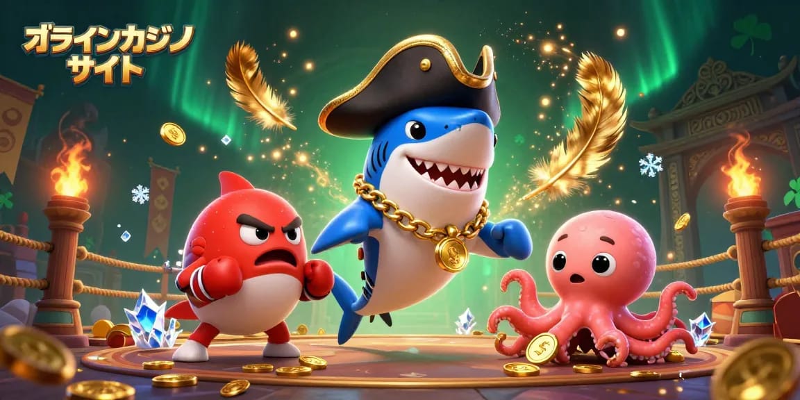 オンラインカジノ サイトの特徴を表現したカラフルなイラスト、ピカピカのゴールドコインを持つキャラクターたち。