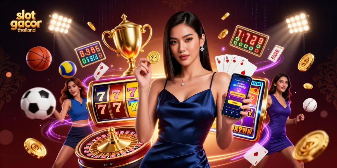 Experience slot gacor thailand with a stunning Asian woman showcasing a casino app and golden chip, surrounded by vibrant gaming elements.