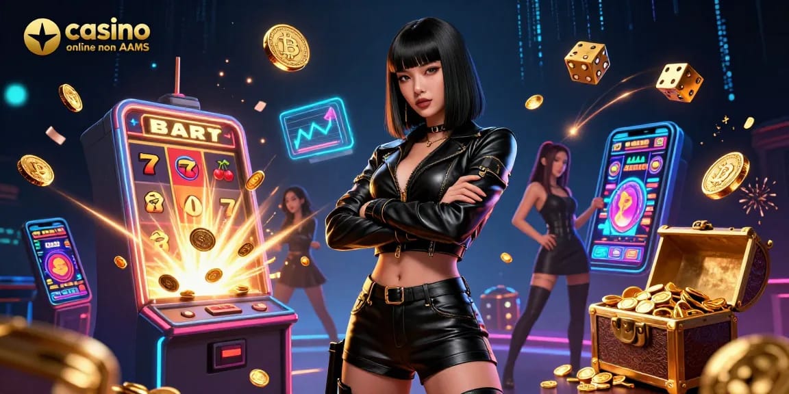 Vivi l'emozione dei casino online non AAMS con una donna asiatica affascinante e elementi di gioco dinamici.