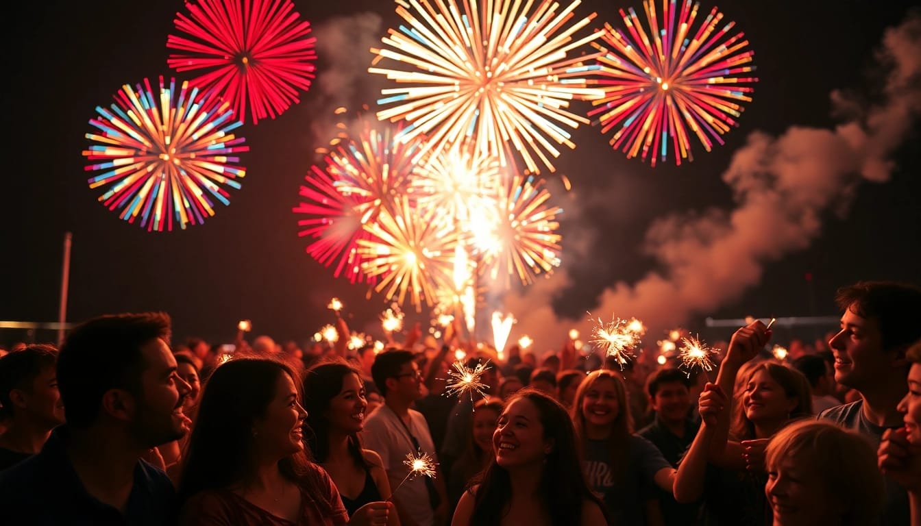 Excited crowd enjoying fireworks for sale lighting up the night sky.
