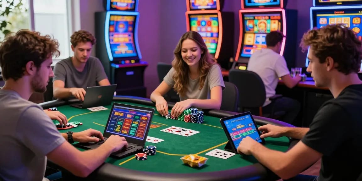 Enthusiastic players enjoying live dealer games in a vibrant home setting, highlighting the excitement of credit card casinos.