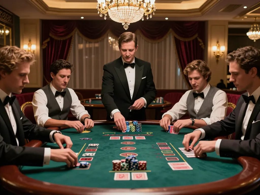 Engaged players at Fun88 com blackjack table showcasing strategic gameplay in a luxurious casino.