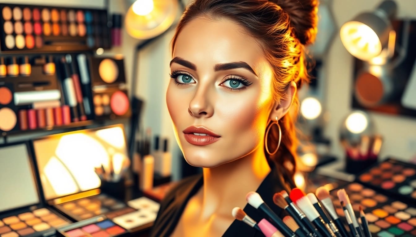 Showcase of diverse makeup wholesale products in a vibrant studio setting.
