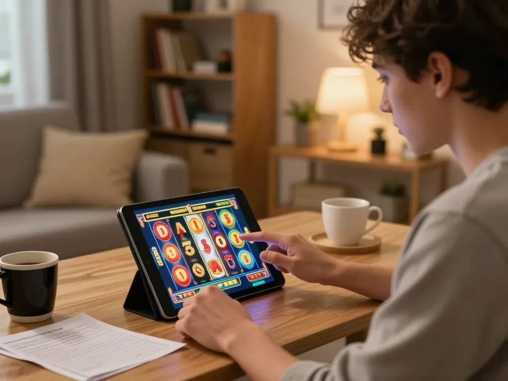 Excited player enjoying situs slot gacor game on tablet in cozy living room.