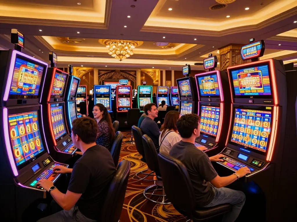 Thrilling slot depo 10k action as players engage with colorful machines in a lively casino atmosphere