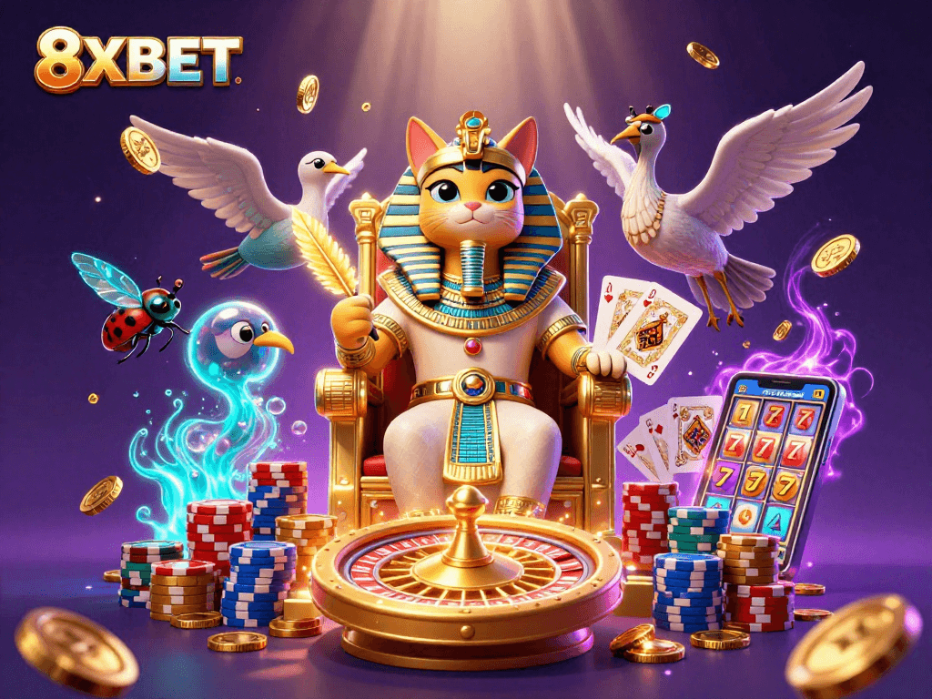 Experience thrilling wins at 8XBET with dynamic gaming elements and rich visuals in this casino illustration.