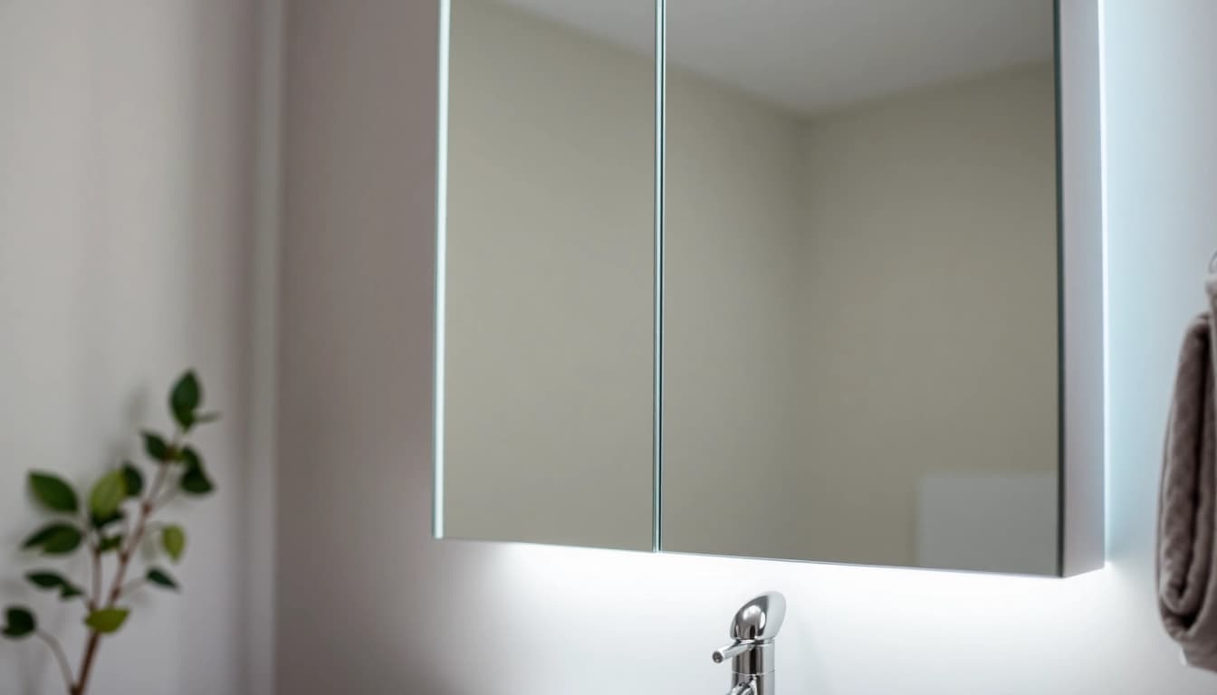 Spiegelschrank mit led Beleuchtung in modernem Badezimmer mit sanften Akzenten.