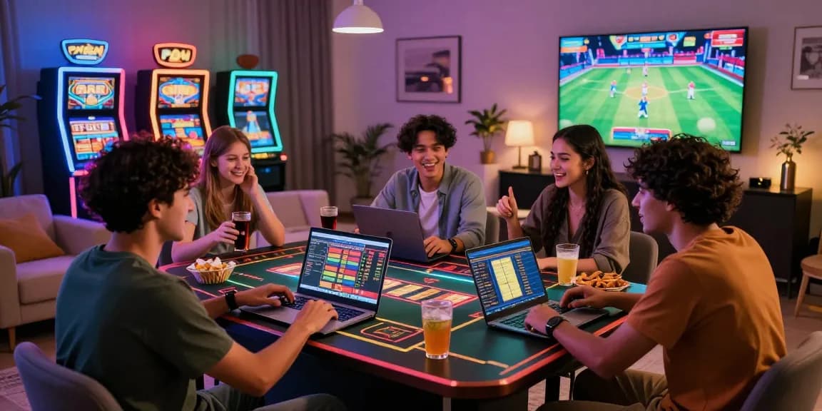 Friends engaging with slot gacor machines in a stylish game night setting, showcasing excitement and friendship.
