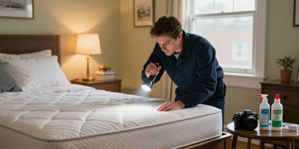 Professional bed bug exterminator inspecting a mattress for signs of infestation in Milwaukee bedroom.