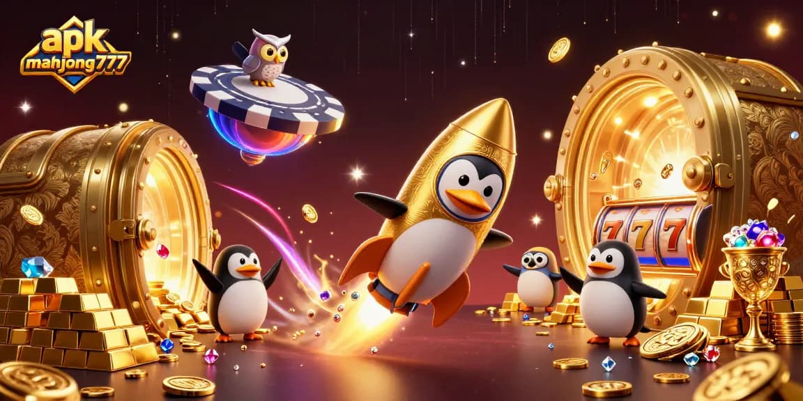 Spin to win in apk mahjong777 with a golden penguin blasting coins amidst vibrant casino treasures.