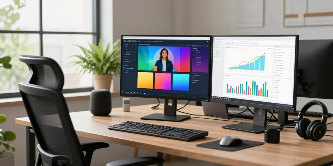 Analyst using an ai image checker in a modern tech workspace with colorful interfaces on dual screens.