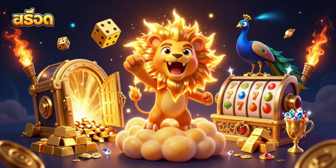 Experience thrilling สล็อต action with a vibrant 3D illustration of a roaring lion, golden slots, and sparkling gems.