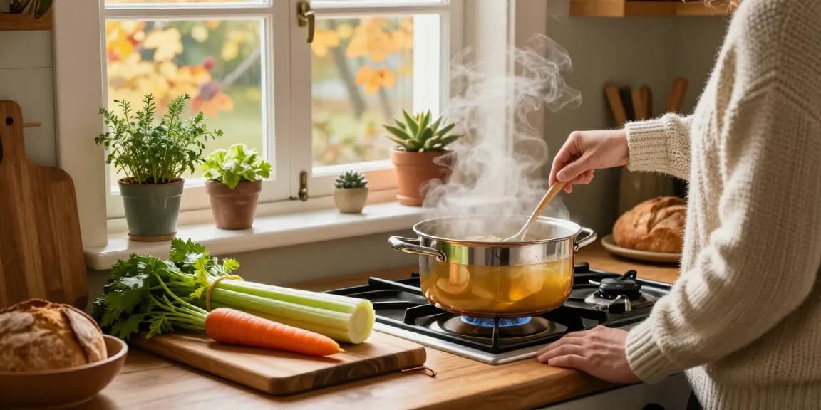 Leckere Klare Suppe, die in einer gemütlichen Küche mit frischen Zutaten zubereitet wird.