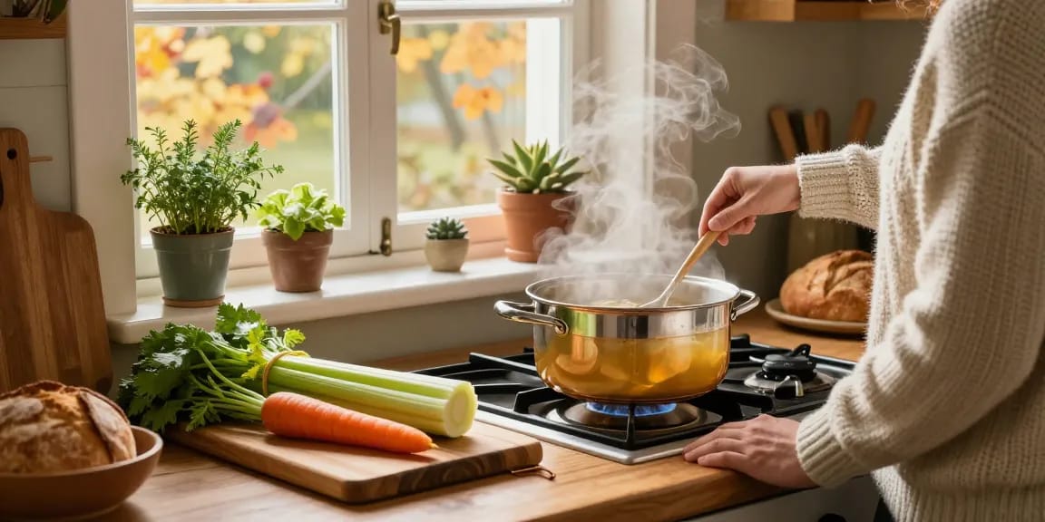 Leckere Klare Suppe, die in einer gemütlichen Küche mit frischen Zutaten zubereitet wird.