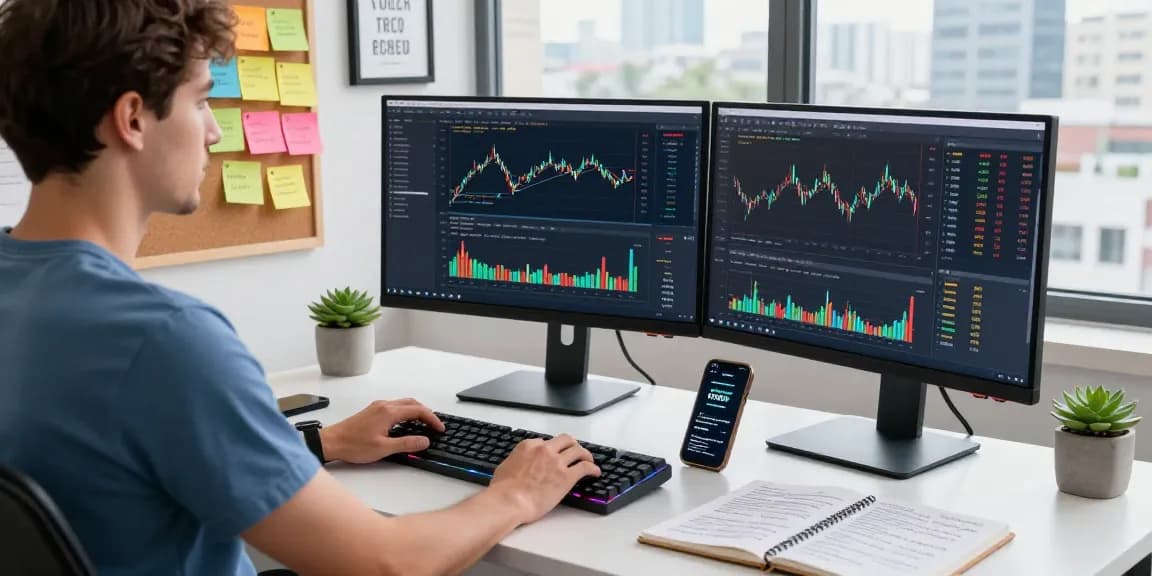 实时美股WebSocket推送接口数据的开发者工作环境,展示现代办公室和交易策略的细节